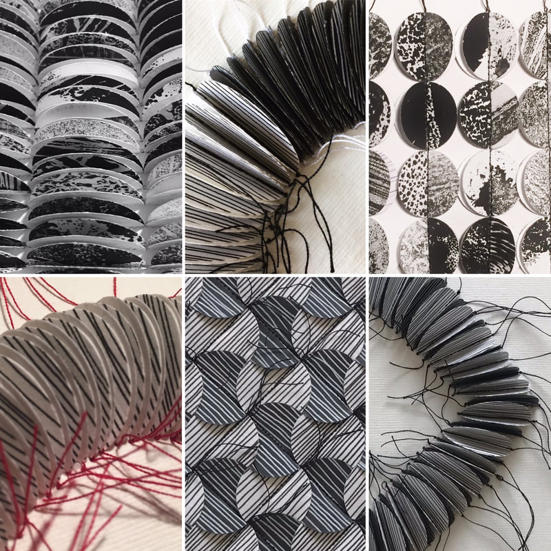 Examples of stitched paper work in black and white