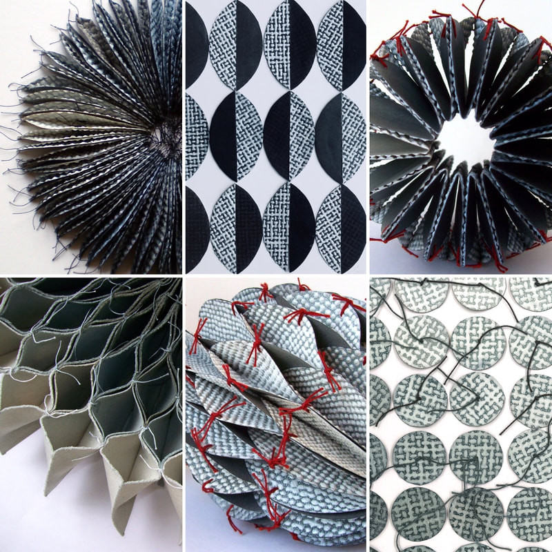 Examples of stitched paper and textile work in a tonal range of greys